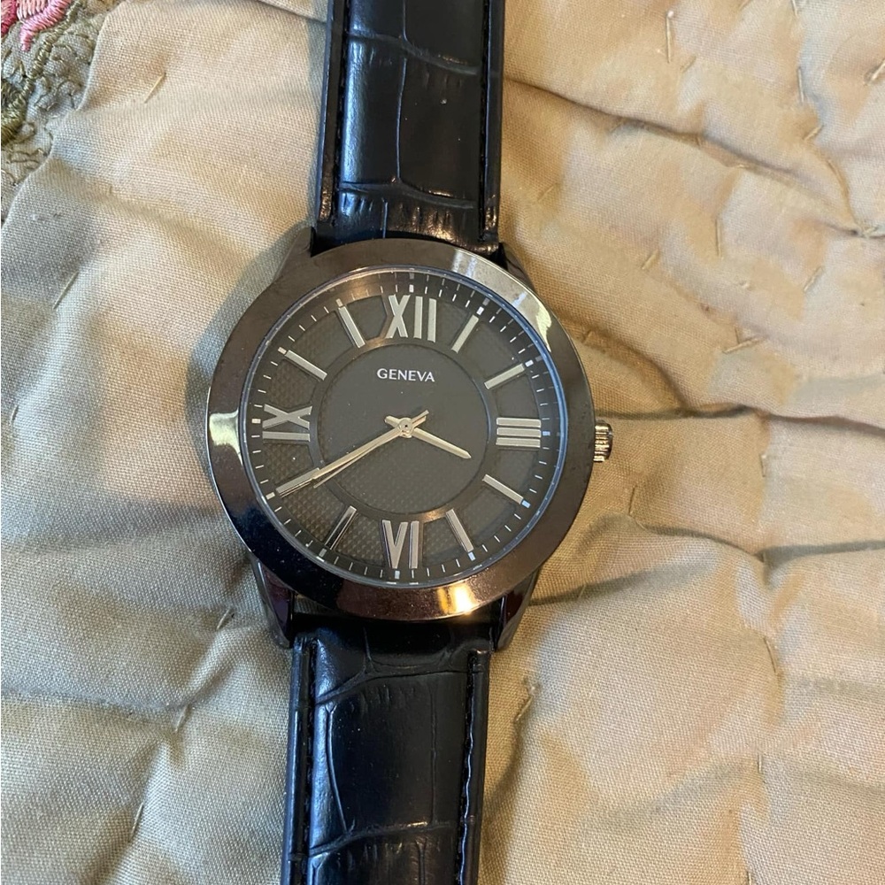 Geneva Black Dial Watch with Leather Strap